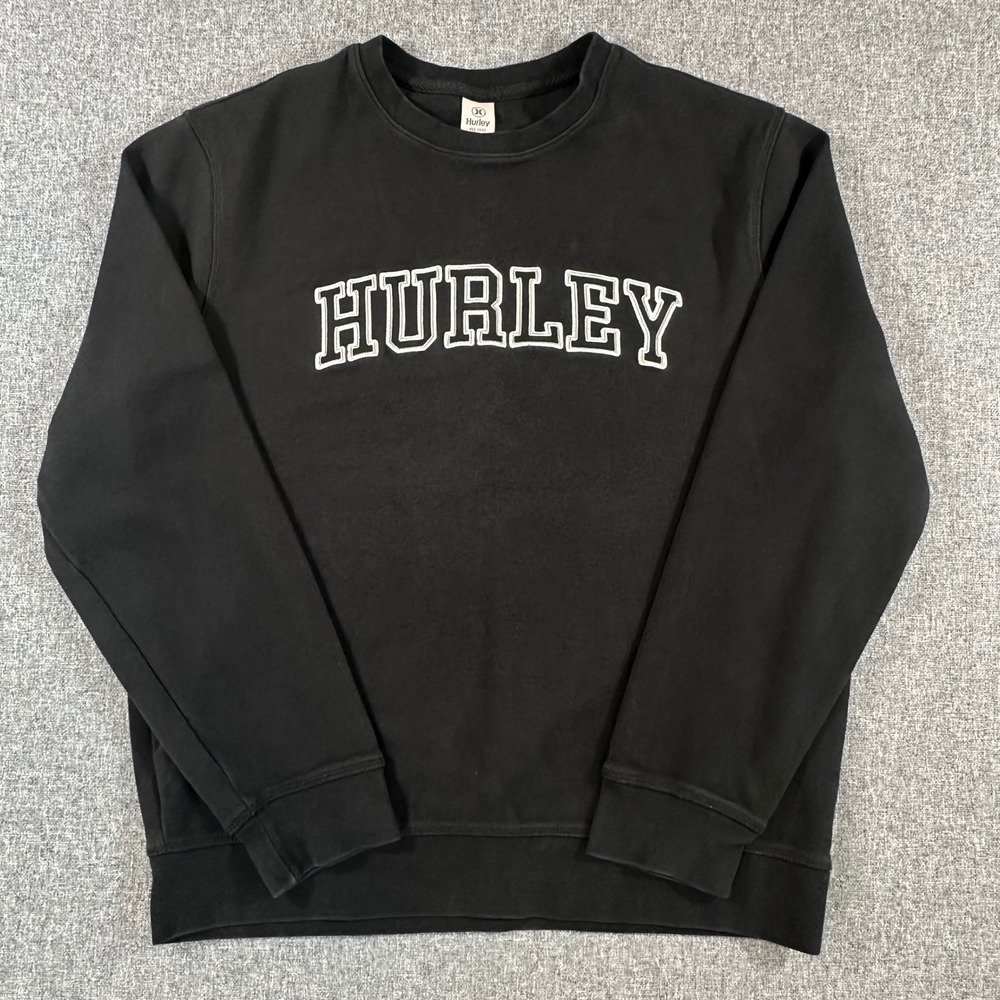 Hurley Mens Long Sleeve Pique Sweater Black Crewneck Logo Pullover‎ Size S